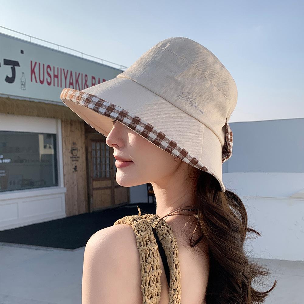 Spring and summer women plaid bow sunscreen bucket hat outdoor breathable sun hat UV protection face cover fashion hat