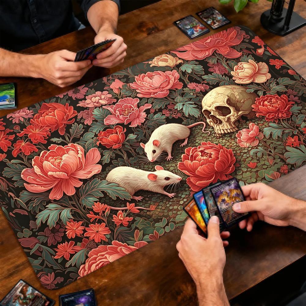 Floral Mouse Skull Trading Card Game Playmat 600X350 TCG Play Mat Magic MTG Non-Slip Durable Stitched Edge Gathering Card Mats