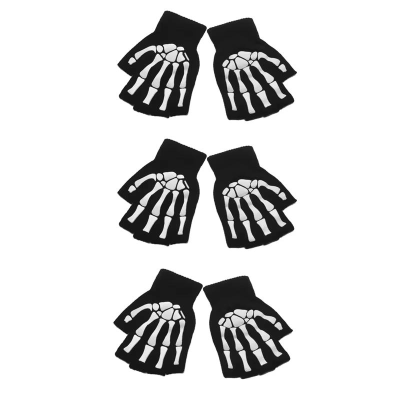 Luminous Halloween Skeleton Skull Gloves Punk Half Finger Gloves Winter Unisex Skull Fingerless Knitted Mitten Glow In The Dark