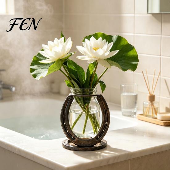 Modern Decor for Living Room Horseshoe Shaped Flower Vase, Rustic Metal Frame with Minimalist Glass Pot Clear Jar, Western Farmhouse Desktop