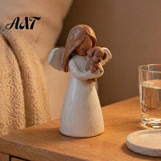 Unique Gifts for Cat Owners Angel Holding Puppy Figurine, Cute Dog Resin Statue Home Heartwarming Pet Keepsake Desk Decor, Handcrafted Wood