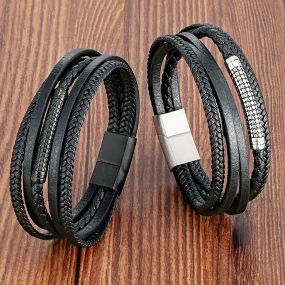 Black Leather Rope Cowhide Men's Double Layer Genuine Leather Woven Bracelet Handmade Multilayer Leather Bracelet