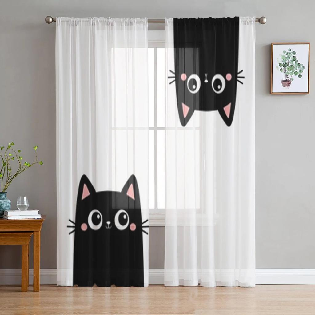Две черные прозрачные шторы с котенком для окна гостиной, прозрачная вуаль, тюлевая занавеска, шторы для спальни, домашний декор