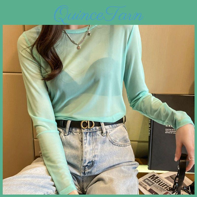 Net Tshirt Red Womens Transparent Springsummer Slim Fit Solid Color Mesh Long Sleeve Versatile Lightweight And Breathable Underlay Shirt