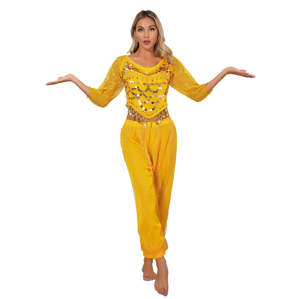 Женский костюм для танца живота, расшитый блестками шифоновый топ с шароварами, завязывающийся сзади дизайн для сценических выступлений