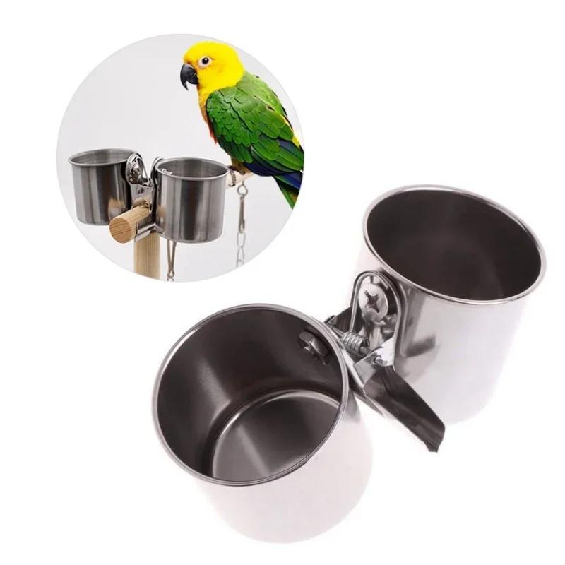 Stainless Steel Bird Feeder with Clip - Parrot Food Water Bowl Cage Accessories for Cockatiel Budgie Pet Birds
