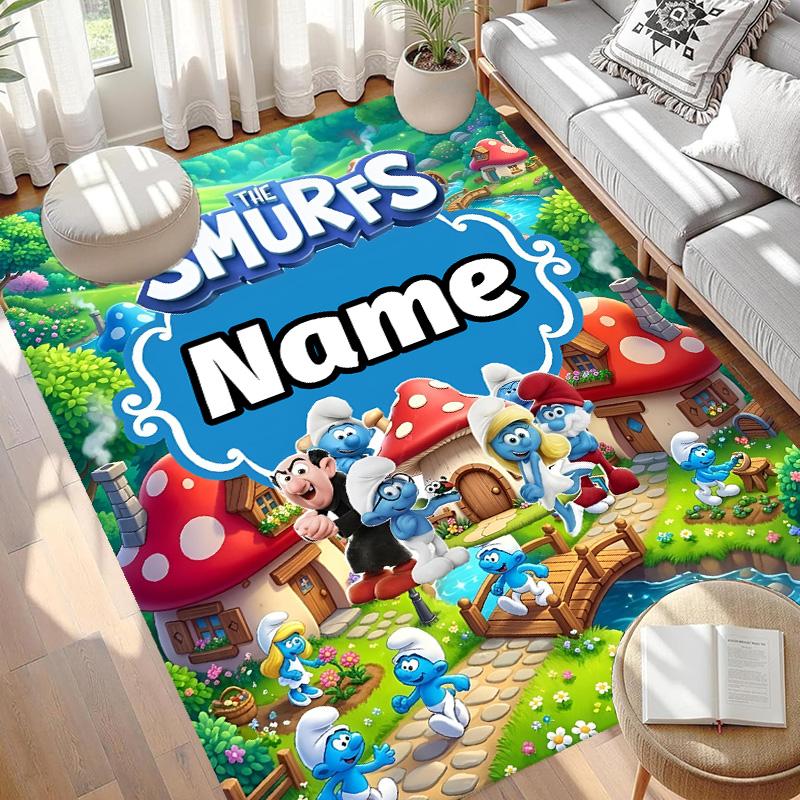 Custom Name Personalized Blue Smurfs Print Carpet, Versatile Home Decor Rug, for Playroom, Apartment, Balcony, Entryway, Hallway Gift