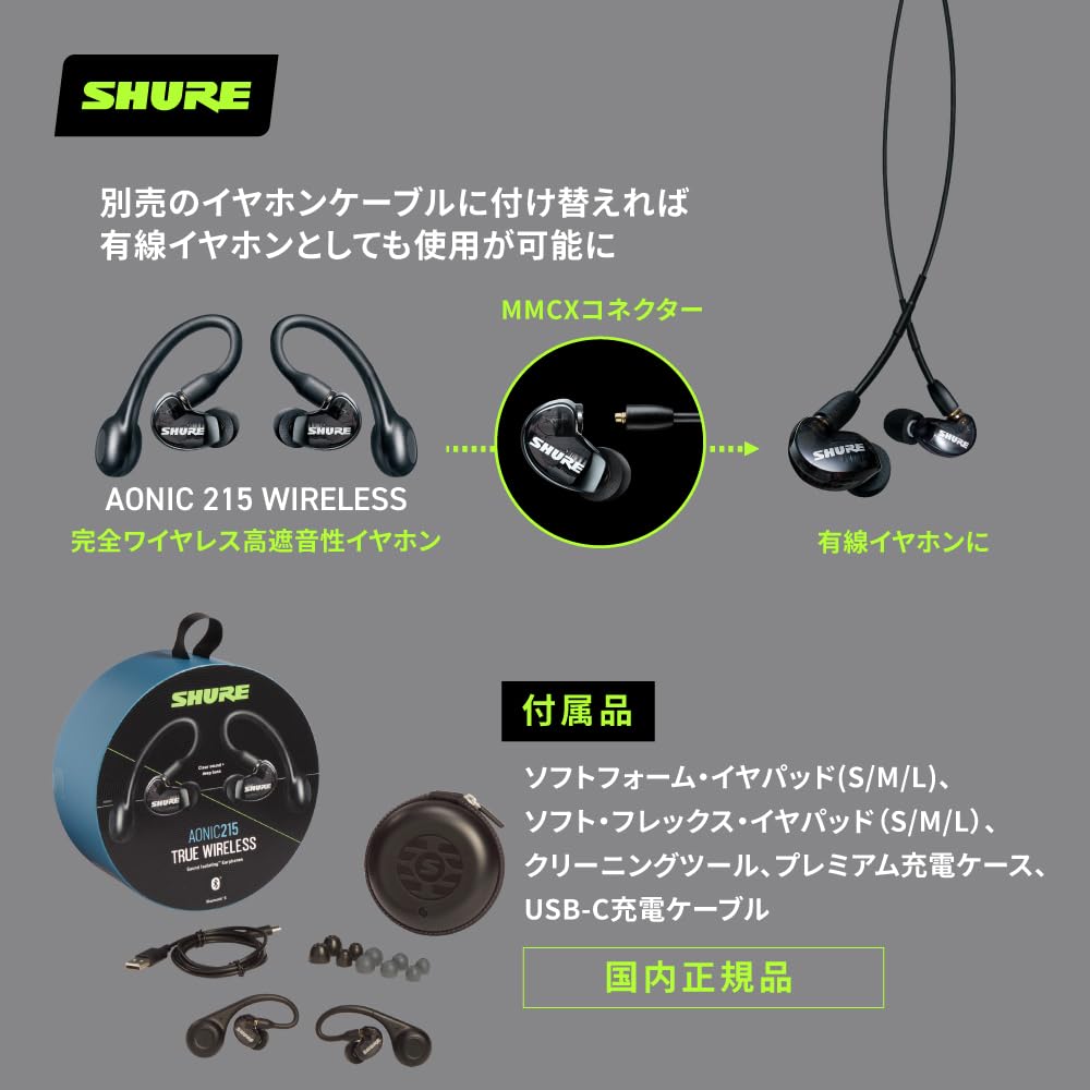 Shure AONIC 215 Полностью беспроводные звукоизолирующие наушники Полупрозрачные IPX4 Водонепроницаемые Захват окружающего звука Bluetooth Кабель (2-е поколение) /