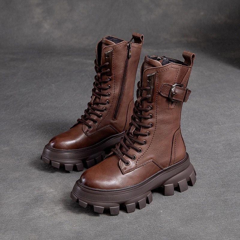 Autumn Winter Fleece-Lined Round Toe Leather Platform Ladies Mid Calf Shoes Chic and Elegant with Laces Women's Half High Boots