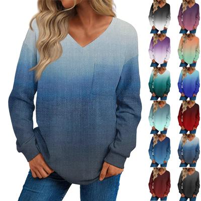 Женская мода повседневный свитер с длинным рукавом и принтом V-образным вырезом