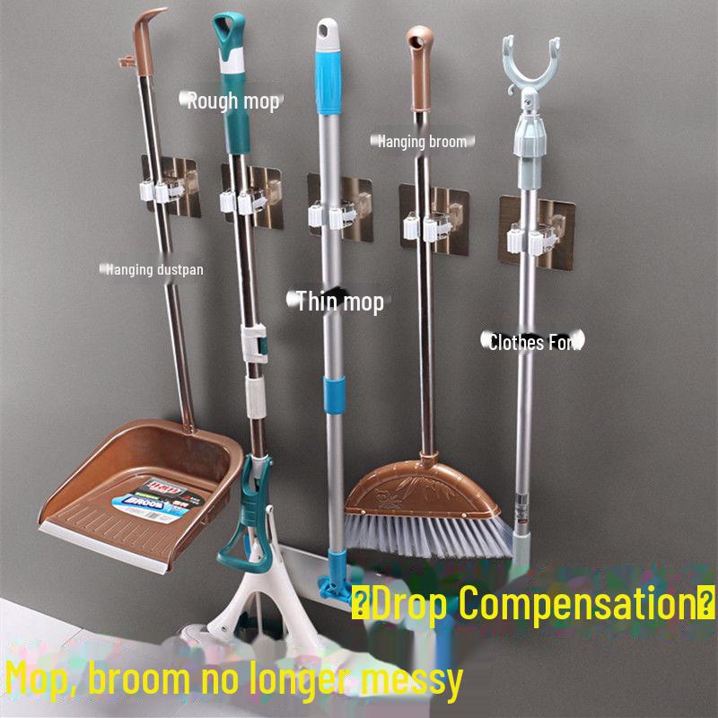 Настенная стойка для швабры Punch-Free для хранения в ванной комнате с прочными крючками. Эффективное хранение и развешивание швабр.