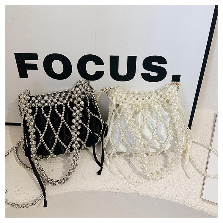 French Pearl Handbag: Elegant Women's Beaded Evening Bag, Large Capacity, Handmade Woven Shoulder Bag.