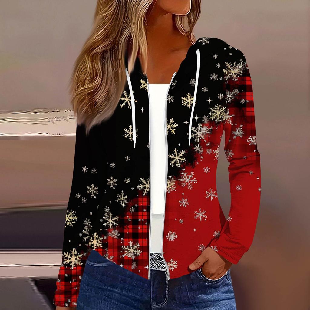 Women's Fashion Christmas Print Casual Zip-Up Long-Sleeved Hooded Jacket