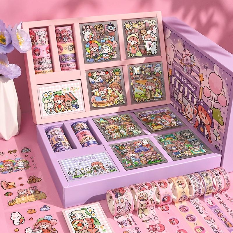 Kawaii 100 наклейки для ручного счета, подарочная коробка для заметок, милые наклейки на ленту для девочек, набор водонепроницаемых декоративных наклеек без вырезов
