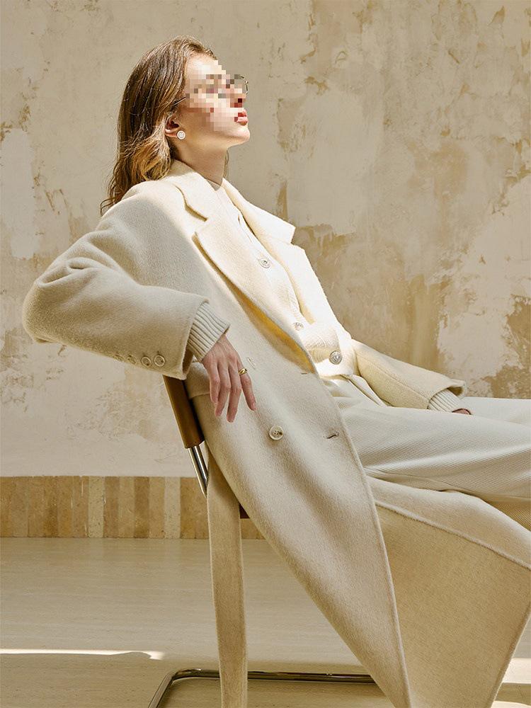 Fan Si Lan En Diamond Draped White Double-Sided Wool Coat for Women - Autumn/Winter Woolen Jacket