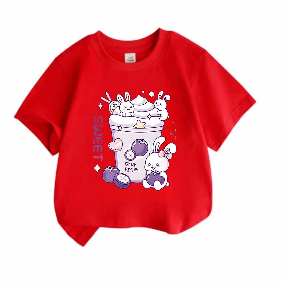 Cartoon Cute White Bunnies Purple Mangosteen Sweet Print Kids 100% Cotton Crew Neck Short Sleeve T-Shirt, Casual Soft Breathable Tee for Boys Girls Da