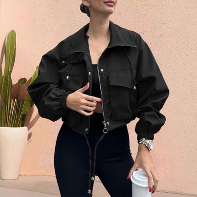 Женская укороченная куртка-анорак в стиле милитари на молнии, оверсайз, с карманами, осенняя, со шнурком, короткая верхняя одежда