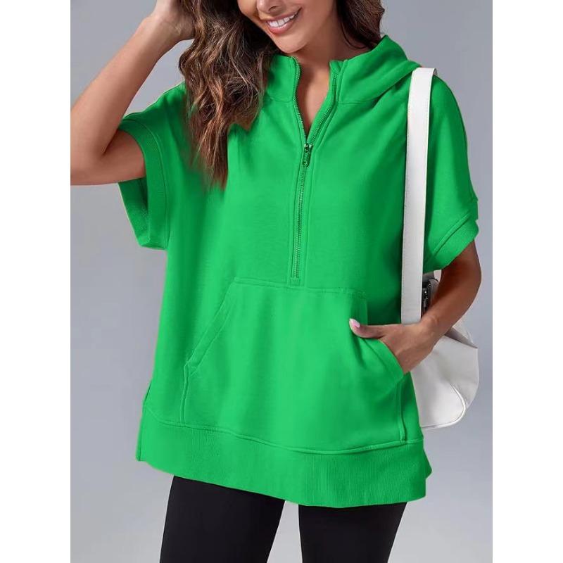 Женская весенняя новая однотонная повседневная толстовка с коротким рукавом и капюшоном