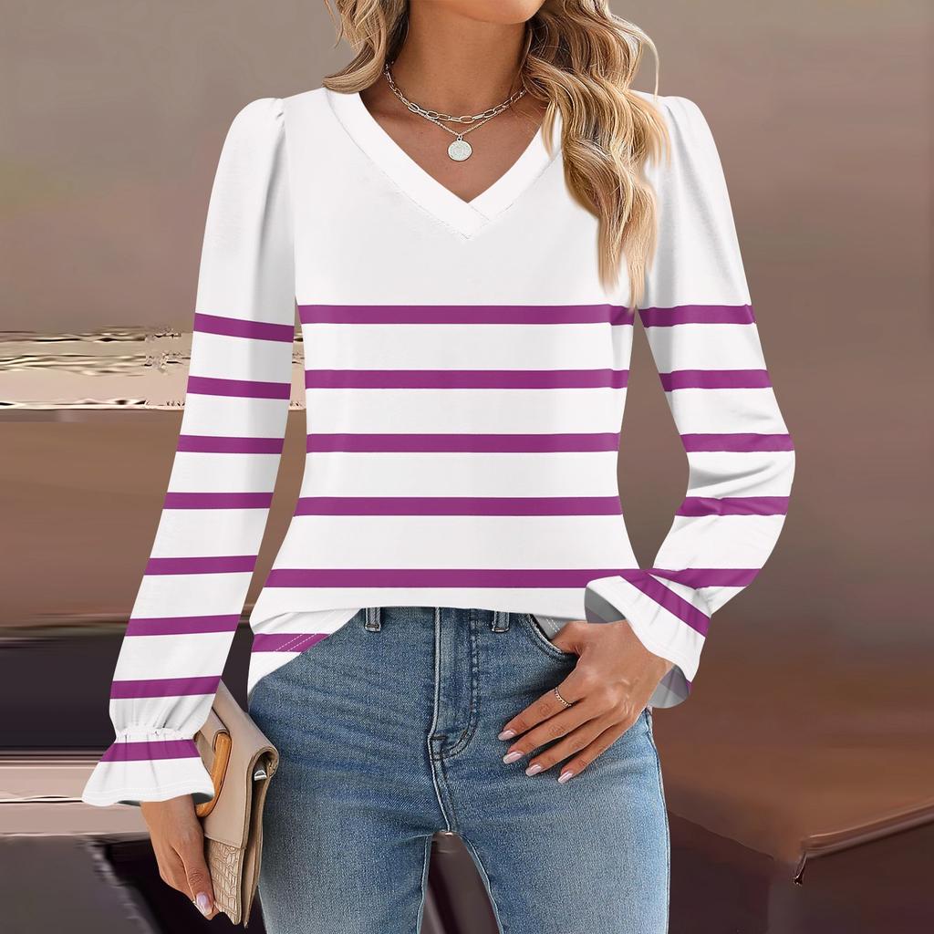 Женский повседневный топ с длинными рукавами и полосатым принтом, с v-образным вырезом