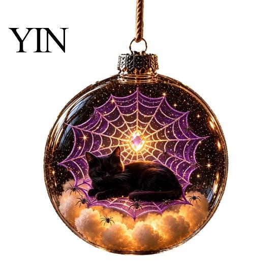 Indoor Home Holiday Accents Halloween Ball Ornament, Light Up Plastic Clear Hanging Festive Atmosphere Decoration with Cat/Skeleton/Bat Inside