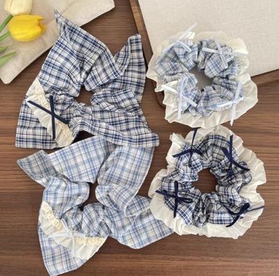 Корейский синий клетчатый шарф-бант женский набор резинок для волос и повязки на голову