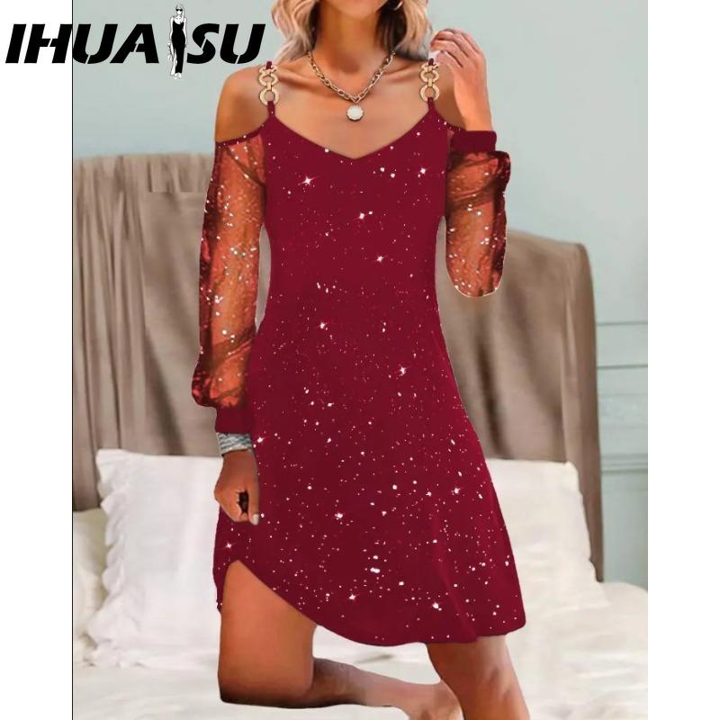 IHUASU Женская мода весна осень однотонный принт с длинным рукавом и v-образным вырезом с высокой талией повседневные платья