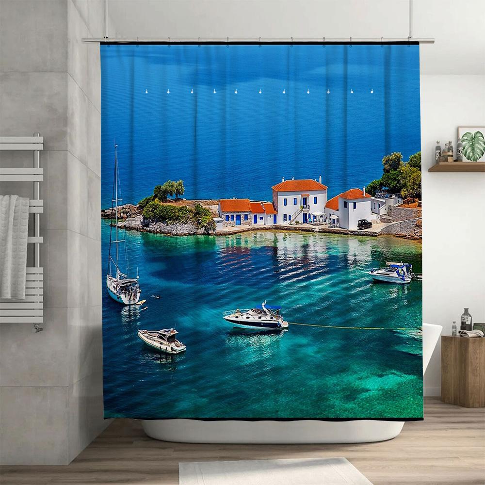 unframed Mediterranean Coastal Shower Curtain Sea View Ocean Decor Beach Themed Bathroom Fabric Waterproof Home Decor Artistic P