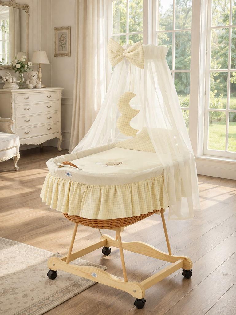 Wicker Moses Basket with Canopy Goodnight - Natural + Cream Bedding