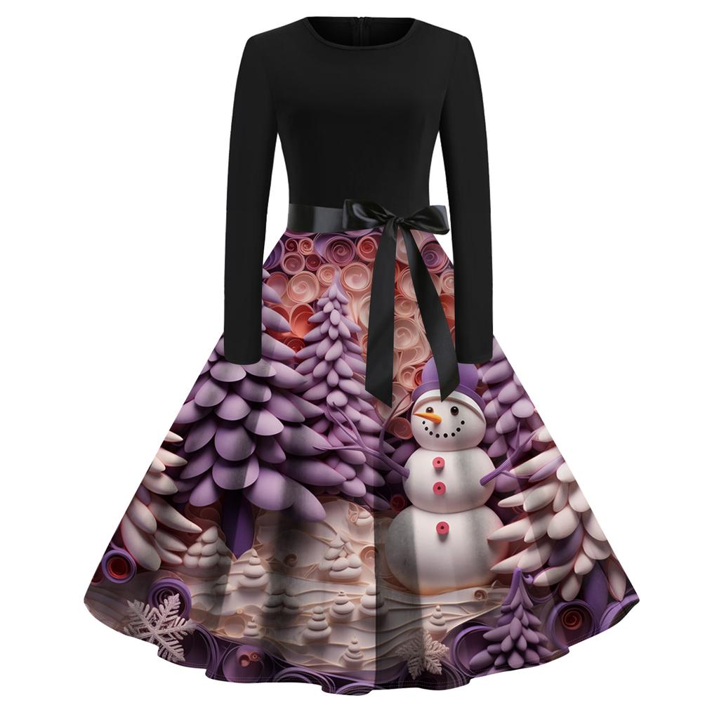 Женское модное повседневное платье приталенного кроя с круглым вырезом, рождественским принтом и длинными рукавами