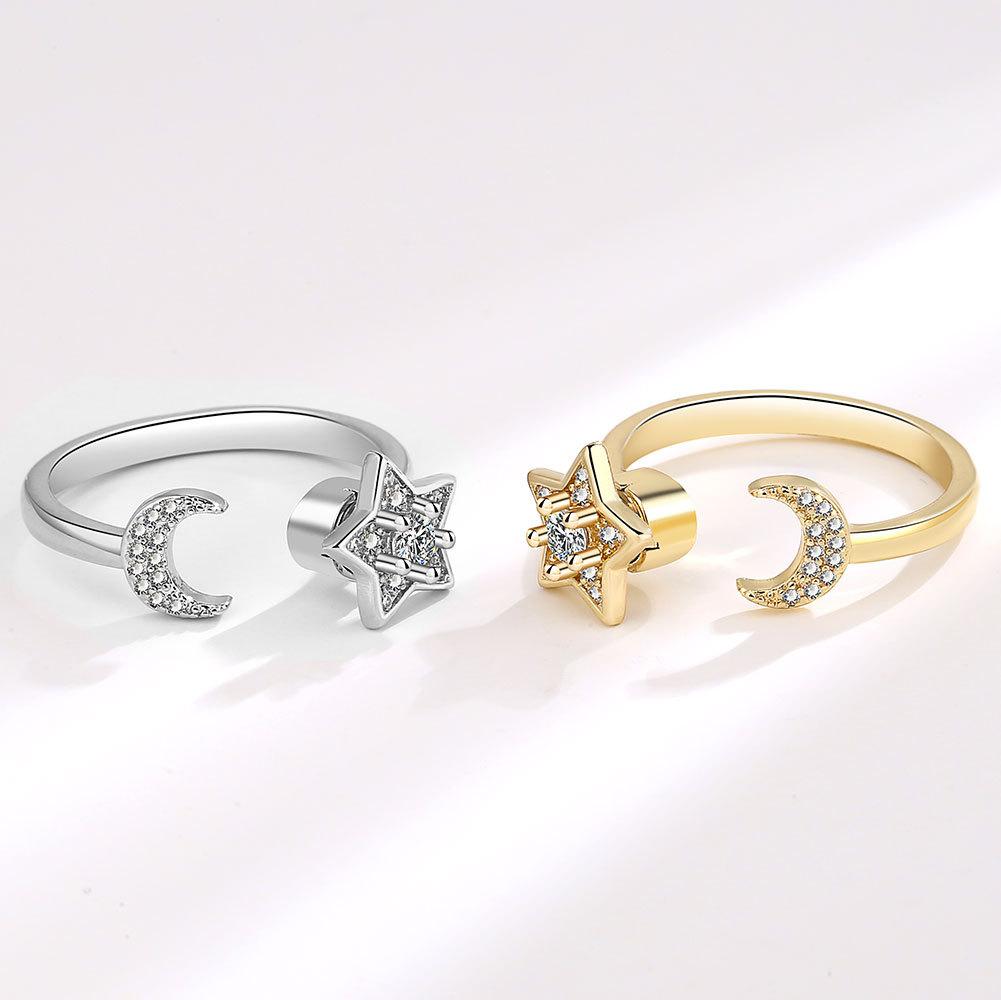 Rotating Star Moon Open Ring For Women Zircon Celestial Stress Relief Adjustable Band Fashion Jewelry Gift
