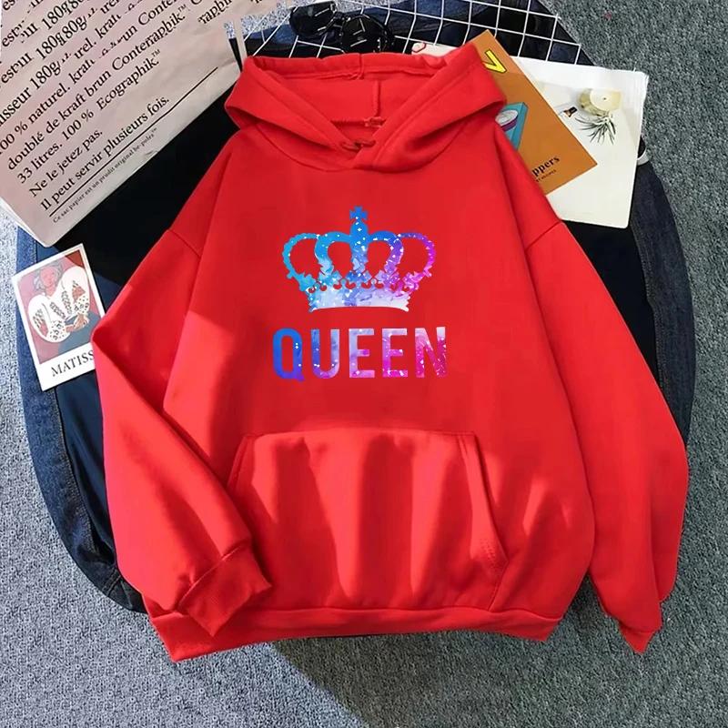 Свитшоты с принтом Queen King для пар, повседневные, спортивные, с капюшоном, с длинным рукавом, пуловер, женские, мужские, для дома, улицы, комфортные, теплые худи