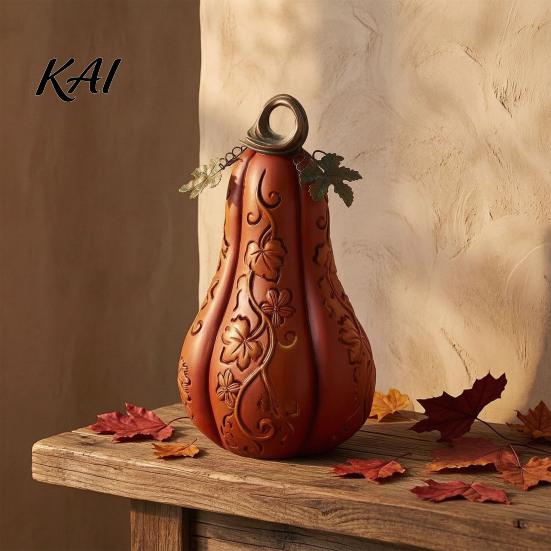 Embossed Vine Craft Light-Up Halloween Gourd Decoration, LED Twinkling Pumpkin Lantern, Resin Indoor Home Accents Ornament for Fall Outdoor