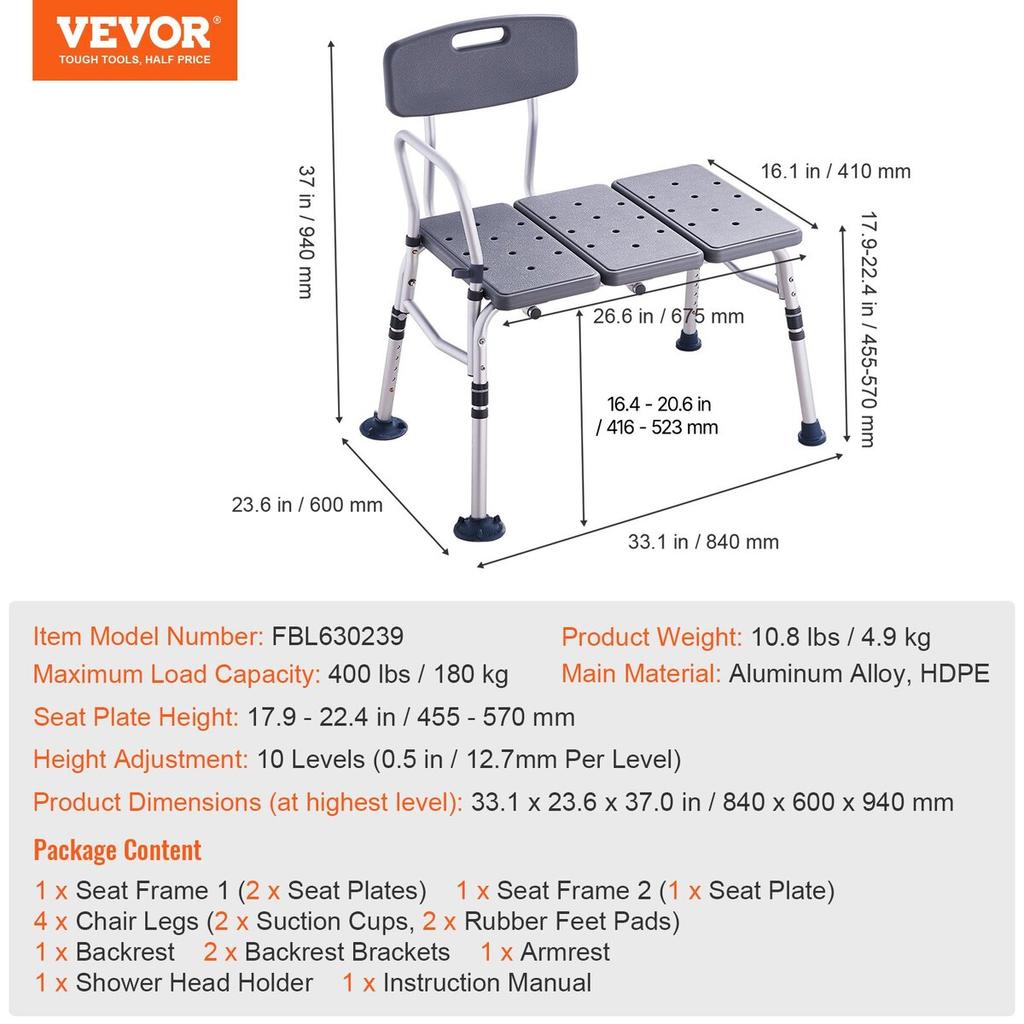 Tub Transfer Bench Bathtub Shower Seats with Reversible Backrest 400lbs