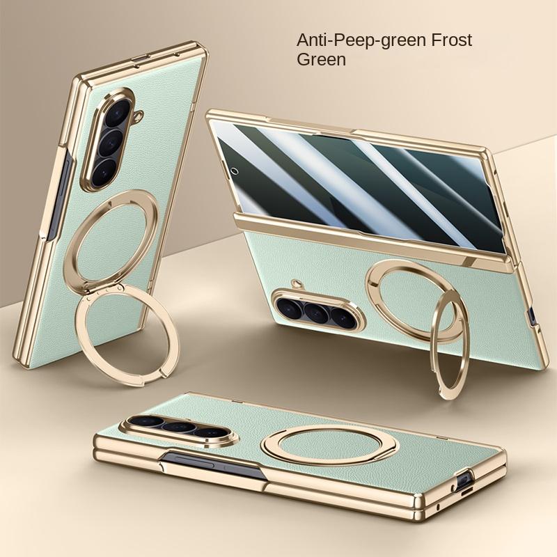 Для Samsung Galaxy Z Fold 7 Кожаный 360° Поворотный Держатель Магнитное Закаленное Стекло Передняя Пленка Противоударный Чехол для Телефона с Поддержкой Отпечатков Пальцев
