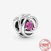Fine 925 Silver October Pink Birthstone Eternity Circle Charm Fit Fashion Bracelet Silver Charm Necklace Girls Gifts DIY Jewelry