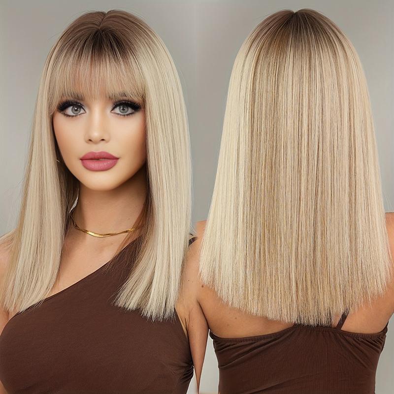 18inch Golden Long Straight Wig Euramerican Fashion Woman Straight Bangs Simulated Hair Button Mesh High-temperature Silk Wigs