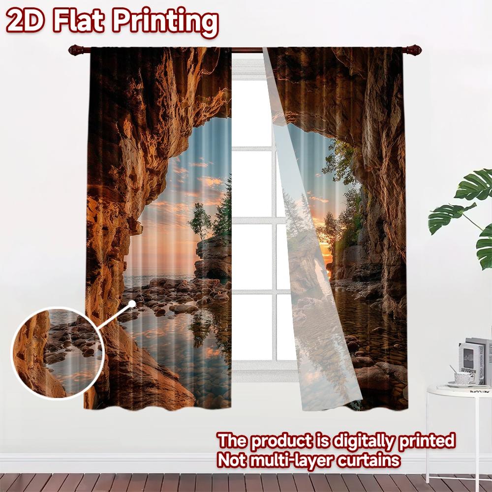 2D flat printing 2pcs Party Curtains Cave Entrance Arch Rock Sunset Digital Printed Polyester Drapes Family Party Decoration Use