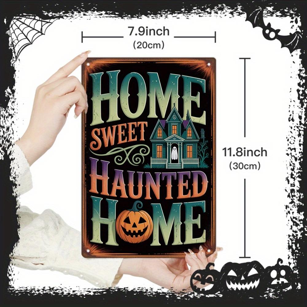 1pc Putuo Decor Vintage Halloween Metal Tin Sign - "Home Sweet Haunted Home" Wall Art with Haunted House & Skeleton Design, Perf
