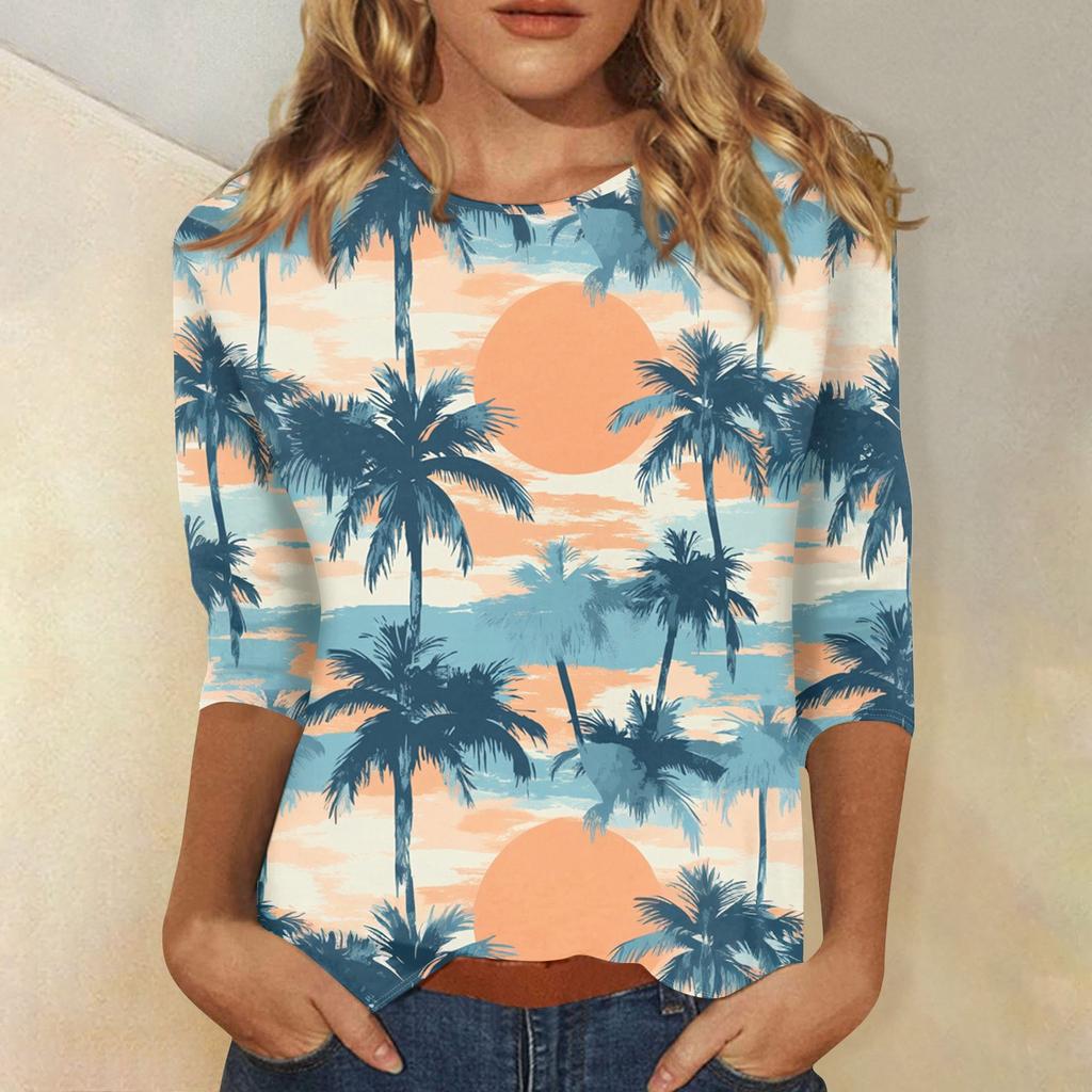 Women's Fashion Casual Round Neck 3/4 Sleeve Printed T-Shirt Ladies Top