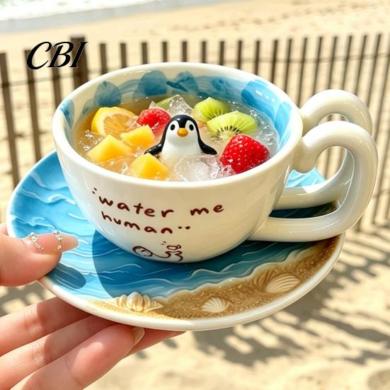 Handcrafted Pottery Mug for Home Cute Ceramic with 3D Seal/Penguin Figurine Inside, Blue Ocean Unique Animal Gift Seal Lovers Themed Coffee