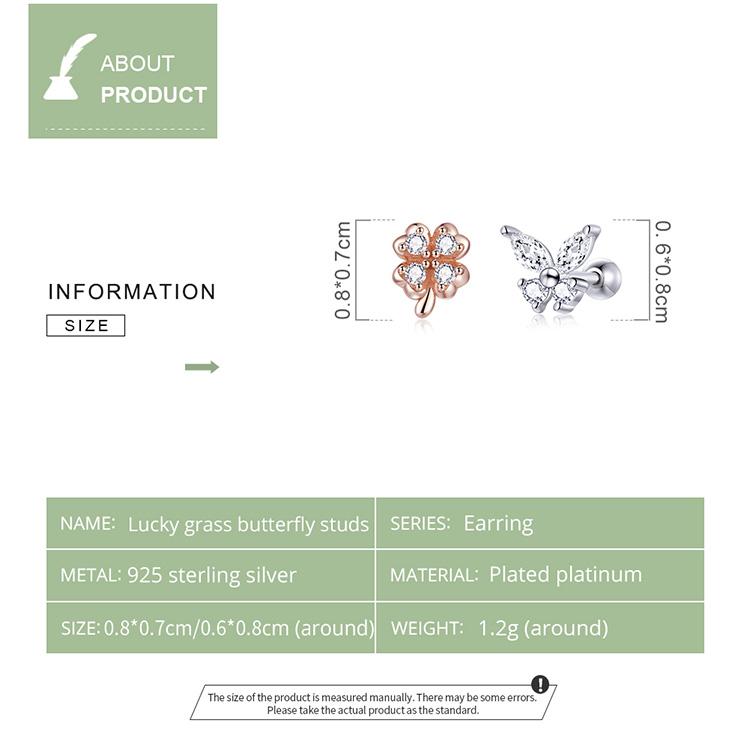 Bisaer Lucky Grass Butterfly Earrings 925 Sterling Silver Four-Leaf Clover Earring Gift For Women Fine Jewelry