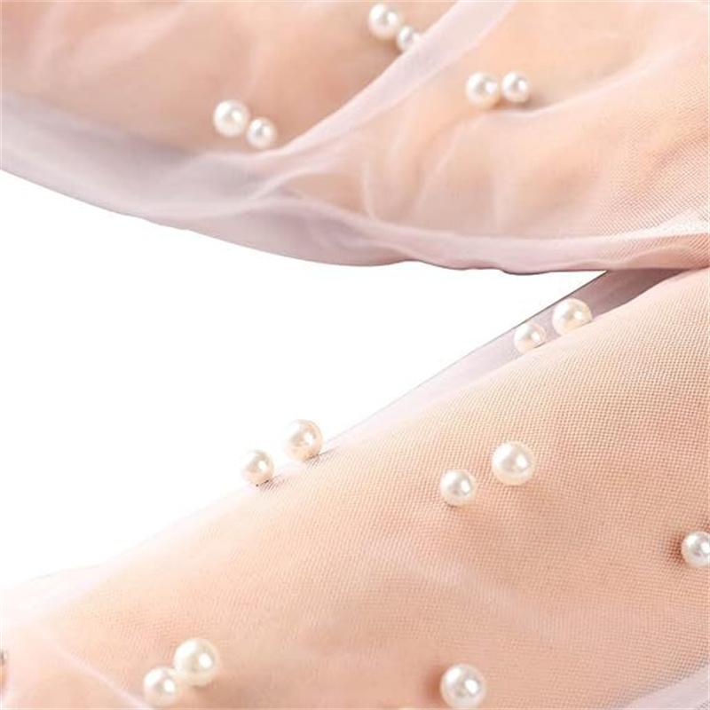 1Pair Bridal Sheer Tulle Gloves Long Wedding Gloves for Bride Pearls Decoration Fingerless Bridal Party Gloves