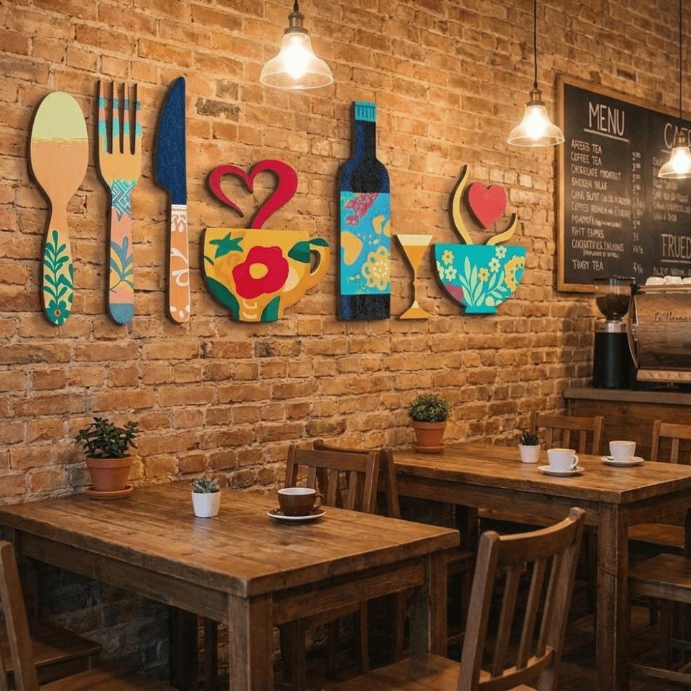 8PCS/SET Rustic Floral Kitchen Utensil Pendant Wood Coffee Cup Wall Sticker Wall Art Decals Bar