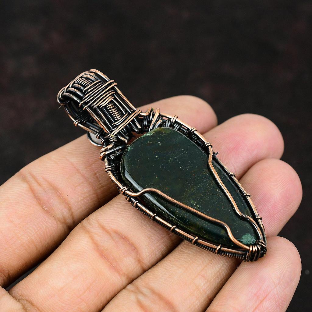 Подвеска из меди с драгоценным камнем-кровавым камнем, обернутая медной проволокой, ювелирное изделие ручной работы, подвеска из проволоки с радужным лунным камнем, подарок для нее, дизайнерские украшения