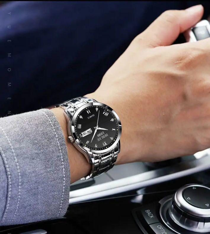 Мужские швейцарские часы с двойным календарем и браслетом из легированной стали, водонепроницаемые и люминесцентные.