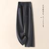 Women's Gray Cashmere Wide-Leg Pants, Fleece-Lined, Wool Blend, Floor-Length, Autumn & Winter 2024.