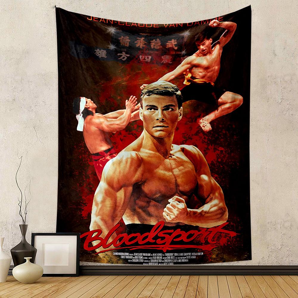Martial artist poses with dynamic red and orange action-themed design. Patterned tapestry for bedroom and living room home decor