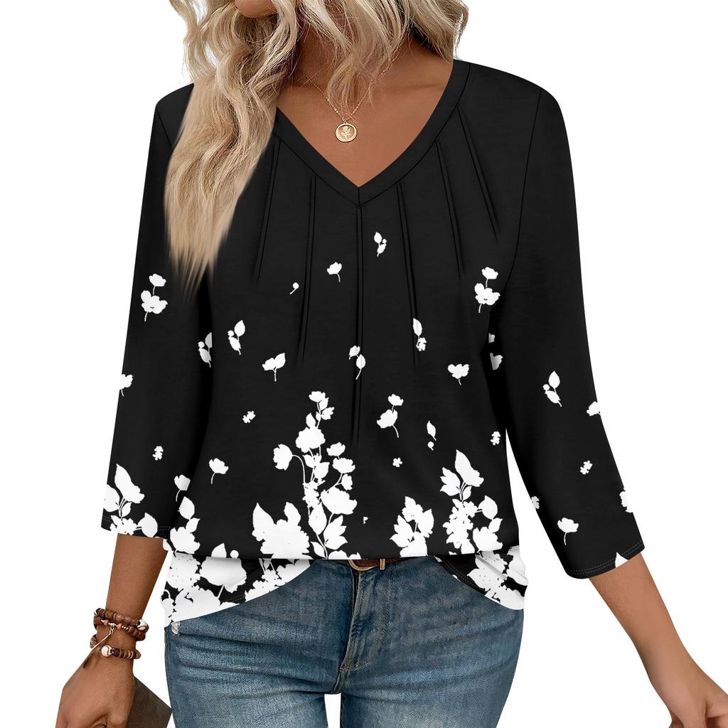 Women's Casual Tops V Neck Pull Stripe Prints Seven Sleeve Tops