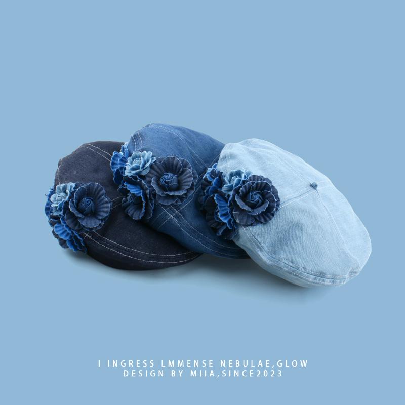 Винтажная кепка художника из джинсовой ткани, синяя шляпа с камелией, модный берет, женские элегантные модные шляпы