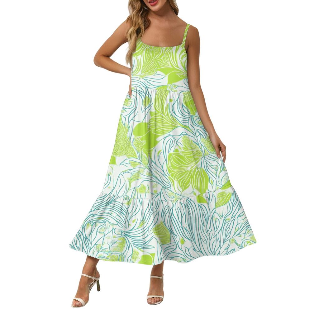 Women's Long Beach Casual Elegant Spaghetti Strap Maxi Dress Stitching Low-key Flowing Bohemian Dress
